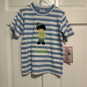 “Luke” Monogrammed NEW 4T Peter Pan Disney Stripe Short Sleeve Shirt Blue White